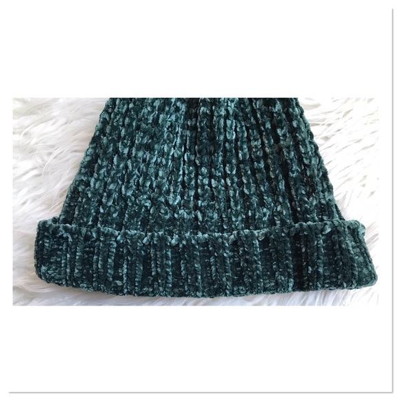 Express Pom Pom Knit Velour Beanie Green One Size Adult - Picture 3 of 8